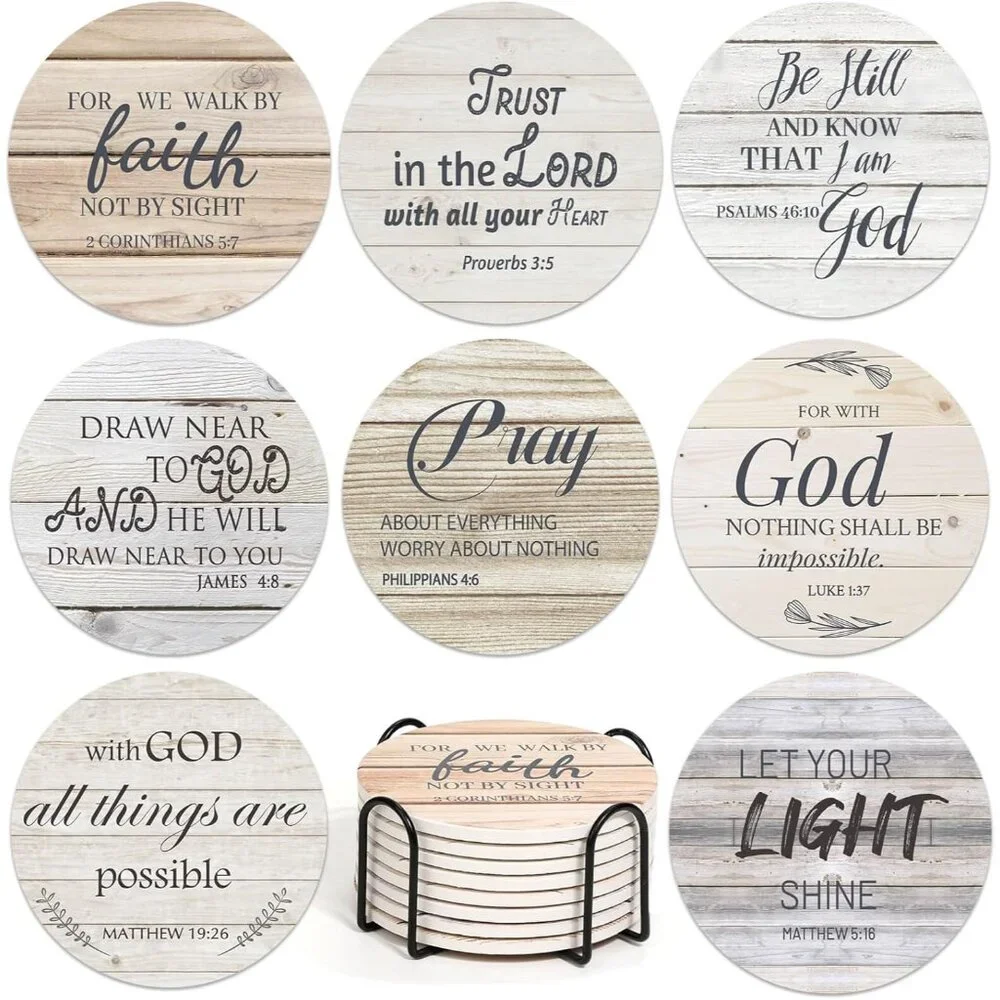 Ceramic Coasters with Bible Verses, Christian Coasters Set of 8 with Holder, Abs